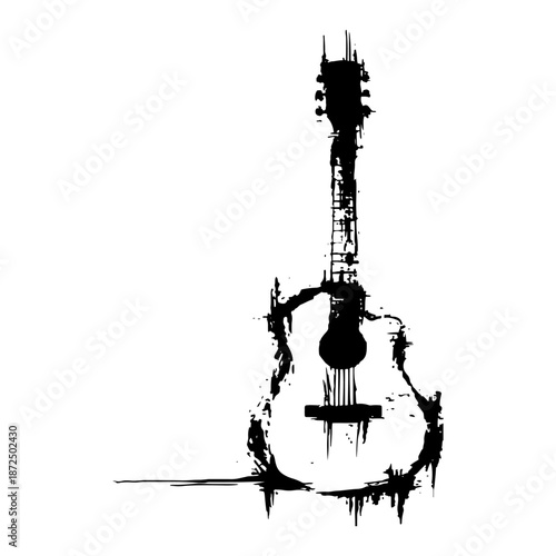 Minimalist acoustic guitar silhouette with artistic ink drips and grungy hand drawn lines