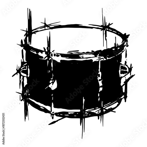 Grungy hand drawn illustration of a musical drum with artistic ink splatter effects