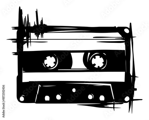 Retro vintage cassette tape illustration in a messy grungy hand drawn stencil style
