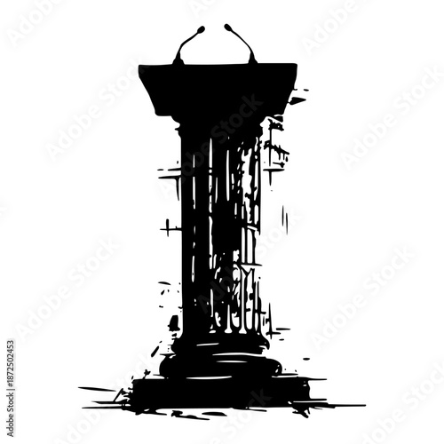 Silhouette of a speech podium with microphones in a messy grungy ink splatter art style