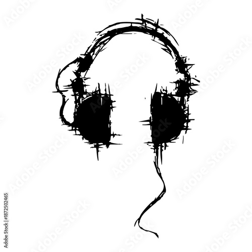 Grungy hand drawn illustration of music headphones with artistic ink splatter effects on white background