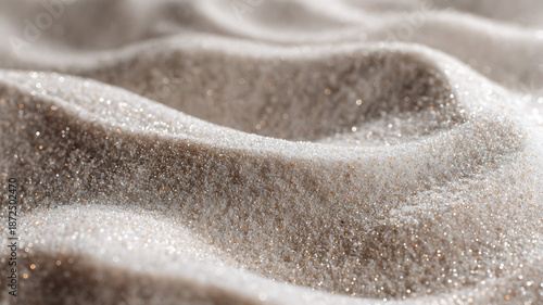 White sand in macro view, fine bright grains with subtle shadows and sparkling highlights, gentle ripples formed by the wind creating soft natural patterns, pure minimal and serene atmosphere.