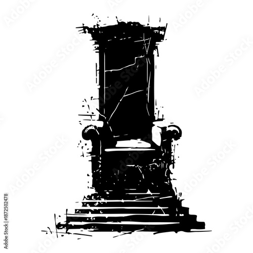Hand drawn royal throne silhouette on a pedestal with dark ink texture and grunge details