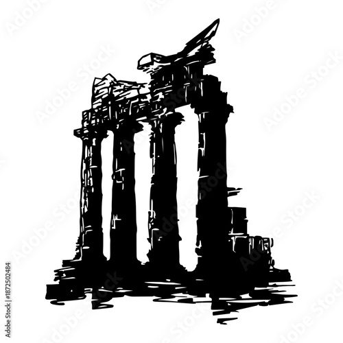 Artistic ink sketch of ancient Greek ruins with stone columns and architectural fragments