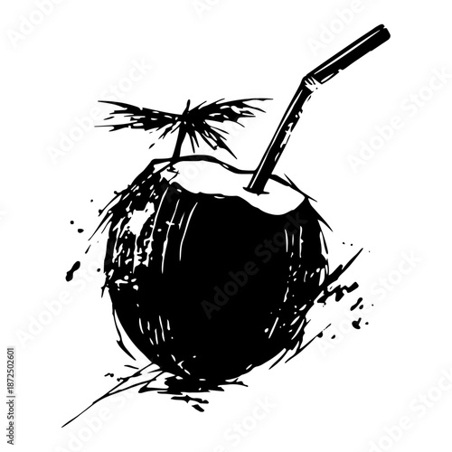 Artistic ink sketch of a tropical coconut drink with a straw and umbrella