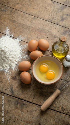 Eggs and ceramic bowl on wooden table, simple kitchen background