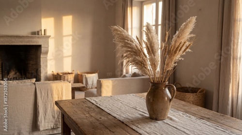 Dry grass in a jug on the table. Cozy home neutral minimalist rustic background with low sunset light and soft shadows