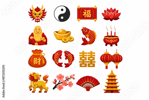 Chinese New Year Icon Grid Representing Spiritual Symbolism and Cultural Beliefs Flat Vector