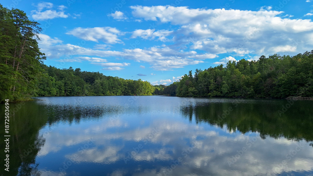 Fototapeta premium Cloud reflections over calm forest lake under blue sky