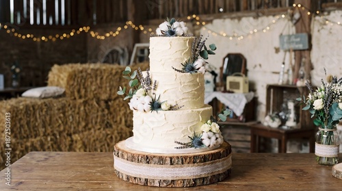 Rustic style wedding cake with cotton and floral decoration.