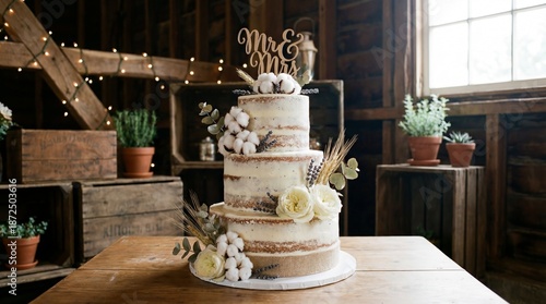 Rustic style wedding cake with cotton and floral decoration.