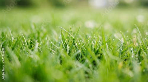 Wet tall grass with drops of dew in the fog. Spring and summer morning weather