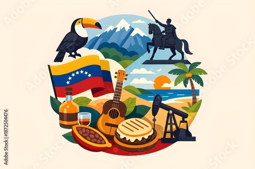 Collage of eight Venezuelan icons in a harmonious circle, flat vector illustration, simple background