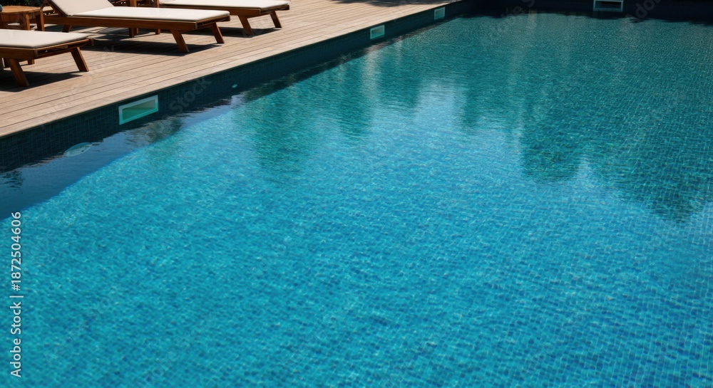 Obraz premium Swimming pool with wooden deck and lounge chairs by clear turquoise water