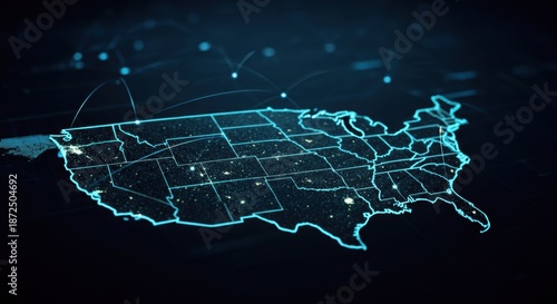 Map of United States outlined in glowing network lines with city data points