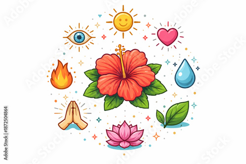 Eight Venezuelan symbols orbiting a central hibiscus flower, flat illustration, saturated colors, soft lines, vector