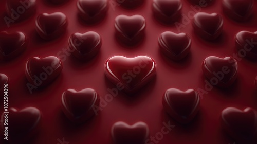 Glossy Red Hearts Arrangement on a Dark Red Background for Romantic Themes, Love Concepts, and Valentine's Day Celebrations in Digital Art