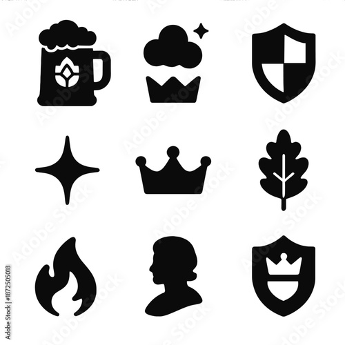 Silhouette icons: beer, shields, crown, fire, and nature symbols on gradient background