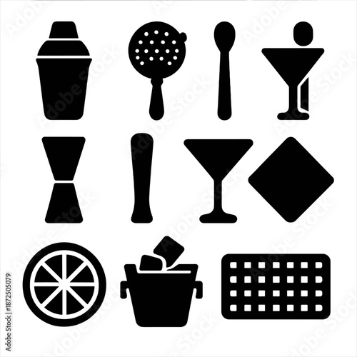 Silhouette set of bar tools and drink icons for cocktail enthusiasts