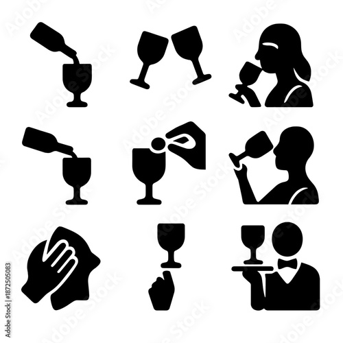 Silhouette icons of wine tasting and serving utensils on dark background