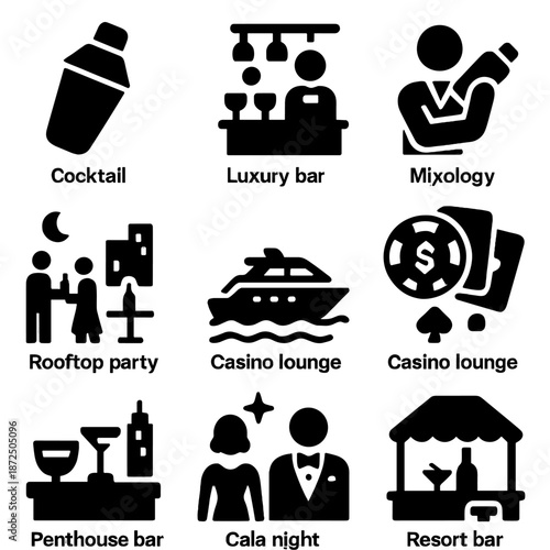 Elegant cocktail icon set featuring nightlife and luxury bar themes
