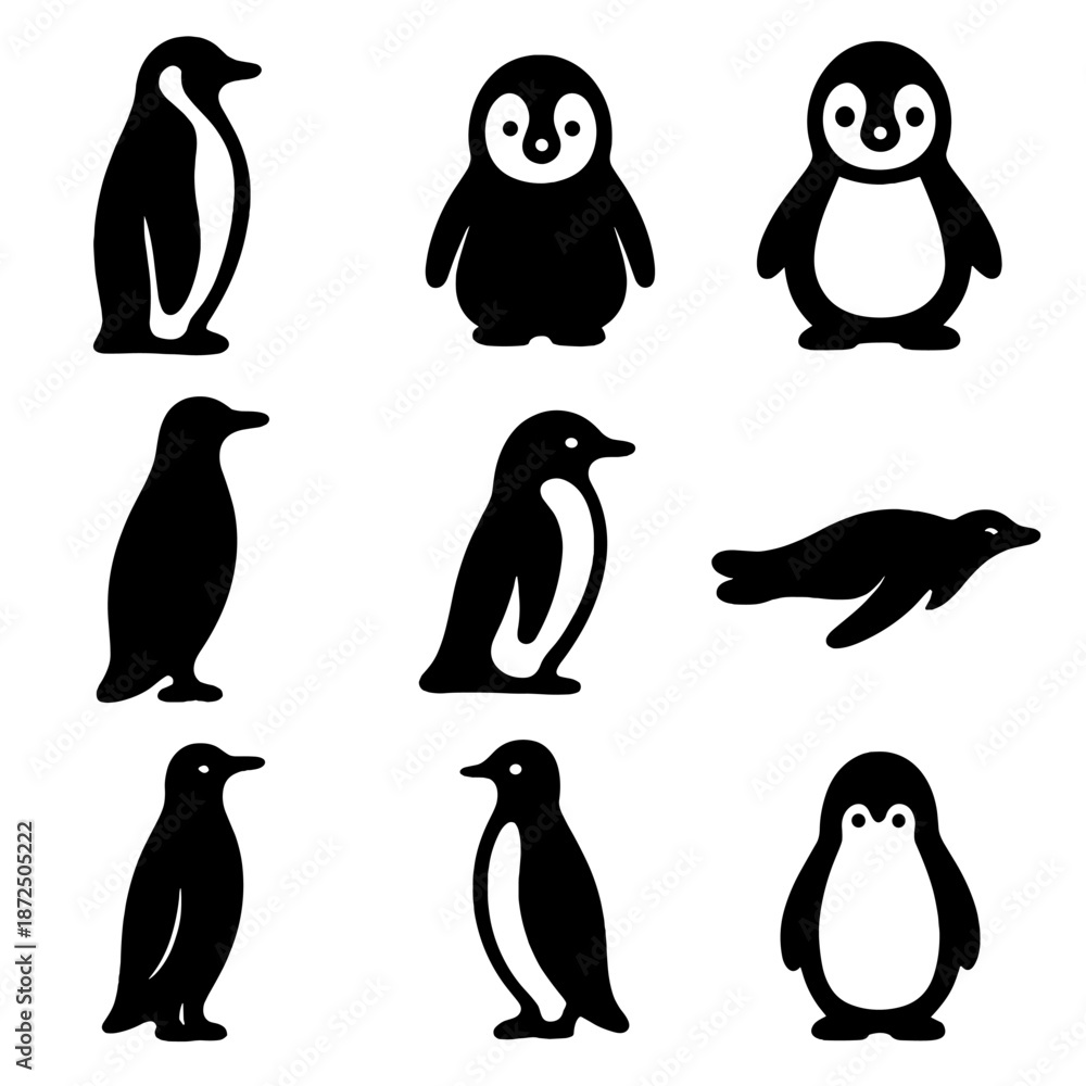 Obraz premium Nine cute penguin silhouettes on gradient background