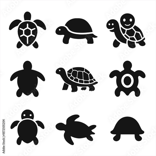 Set of nine black turtle and tortoise silhouettes on gradient background