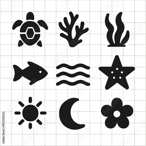 Ocean-themed silhouette icons on a grid background