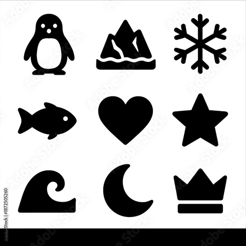 Minimalistic winter icons: penguin, snowflake, waves, moon, star, heart, crown