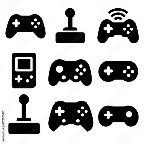 Black game controller icons set on gradient background for gaming and tech design