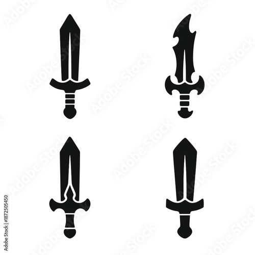 Black silhouette collection of iconic sword designs on dark background