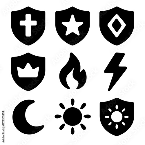 Set of nine shield icons with symbols for apps and websites