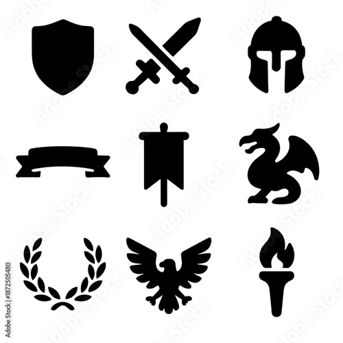 Medieval black silhouettes: dragon, sword, shield, helmet, torch, banner icons