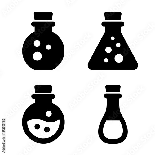 Black silhouettes of scientific bottles on gradient background