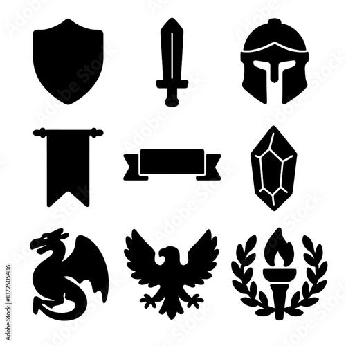 Medieval icons collection: shield, sword, helmet, and more silhouettes