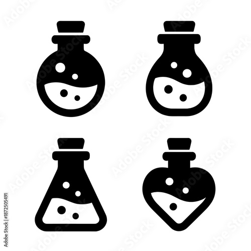 Dark themed potion icons: mysterious flask and beaker designs