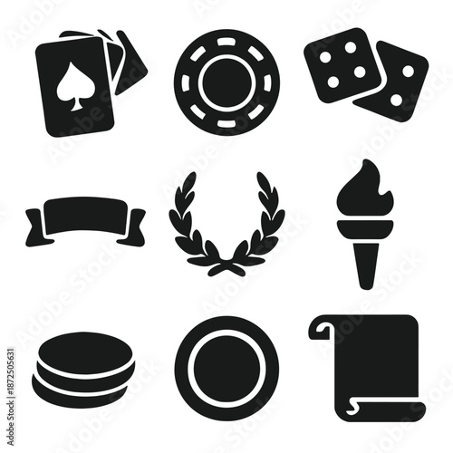 Black silhouette icons: games, awards, laurel, torch, poker, dice, and scroll