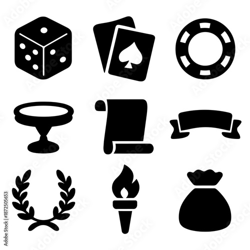 Black silhouette icons of casino and gaming elements on gray background