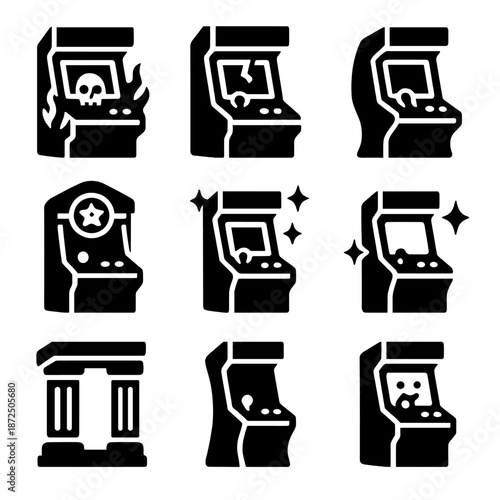 Retro arcade machine icons set for classic gaming themes