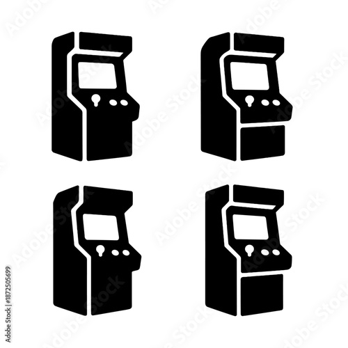 Four retro arcade machines in dark silhouette style on grayscale background
