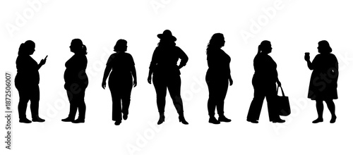 vector illustration. Silhouettes of overweight people. Big set of married couples.	