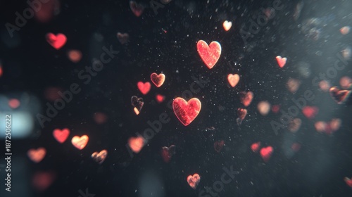 Vibrant Floating Hearts in Dark Background Creating a Dreamy Atmosphere for Romantic and Emotional Themes in Artwork and Design Projects