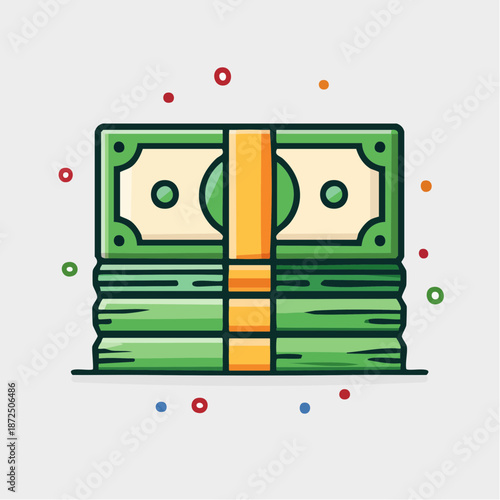 Vibrant cartoon illustration featuring a neatly stacked pile of green paper money bills, symbolizing financial growth, wealth, savings, and successful investments in a modern business economy