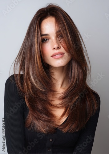 A young woman wearing a long-sleeve top with black ribbed details and voluminous layered brown hair, a butterfly cut that frames her face with soft waves and warm caramel highlights, and glowing skin 