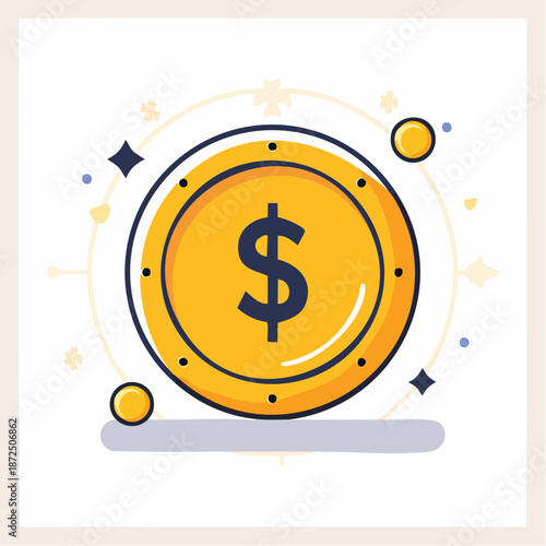 Vector illustration of a shining gold coin with a dollar symbol, representing financial prosperity, economic stability, and modern investment concepts in a clean, engaging design