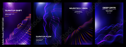 Four modern tech digital vector posters with abstract data visualization. Big data and artificial intelligence concept. Technology background.