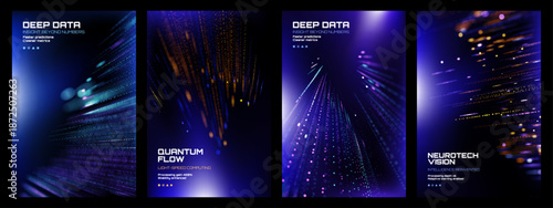 Dark blue tech poster with glowing light lines for deep data insight. Data flow visualization for quantum computing.