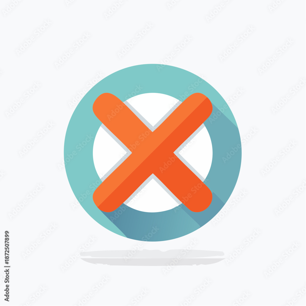 Obraz premium Red cross icon on blue circle with long shadow. Modern graphic symbol for error, incorrect choice, deletion, or negative status in user interfaces