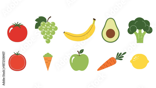 A collection of fresh fruits and vegetables, including a tomato, grapes, banana, avocado, broccoli, carrot, apple, and lemon, in a vibrant illustration