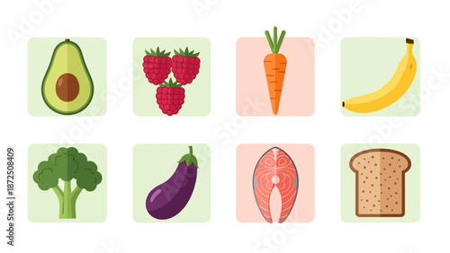 A vibrant collection of healthy food icons, showcasing a variety of fruits, vegetables, and proteins for a balanced diet